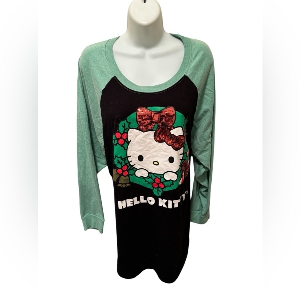 HELLO KITTY Pullover Christmas Holiday Night Shirt Sz XL Sequins Candy Cane